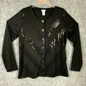 Vicki Wayne Cardigan Women L Button Up Black on Black Sequin Design Long Sleeve